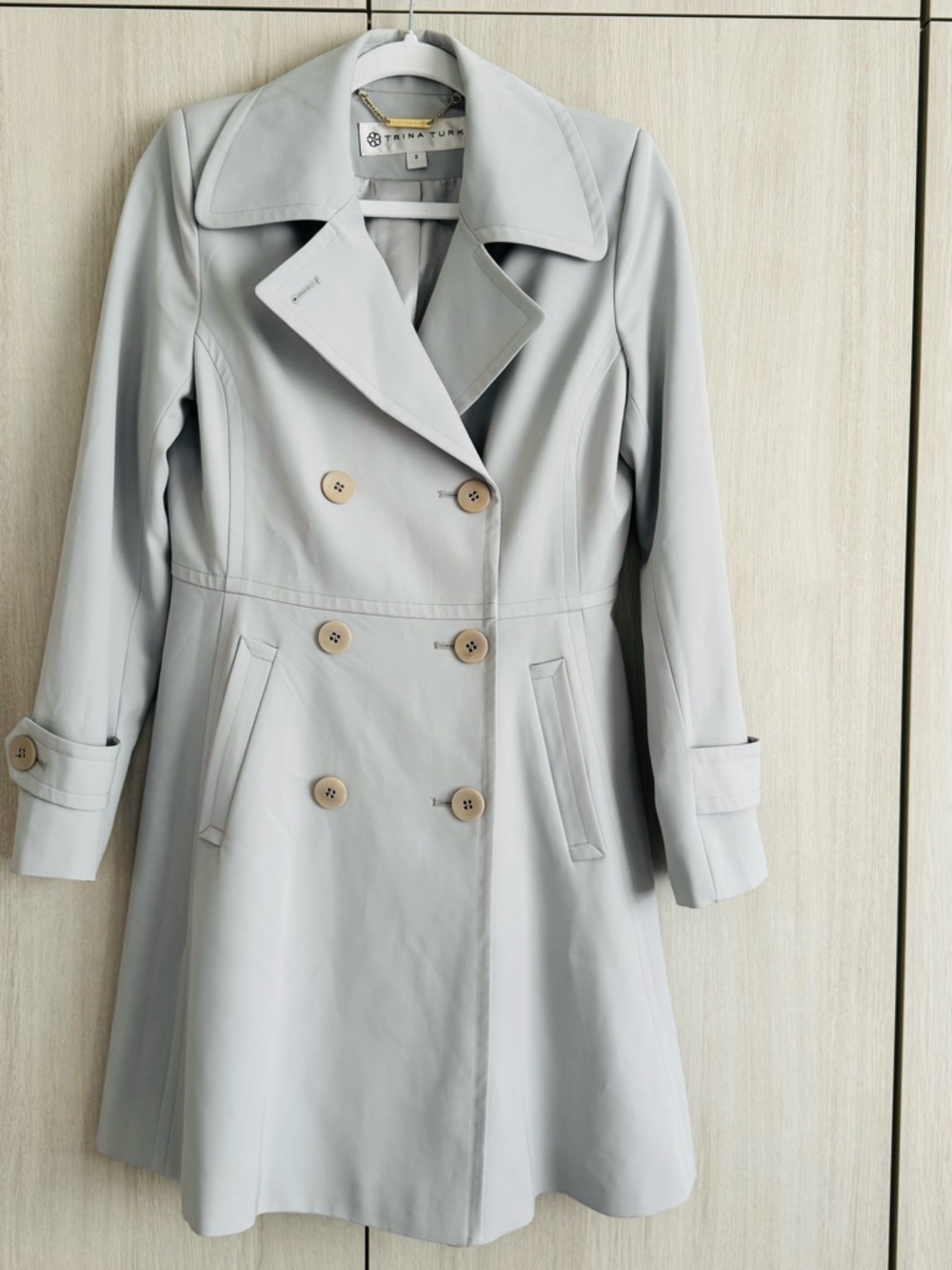 Trina Turk Light Gray Double-Breasted Trench Coat Sz 2